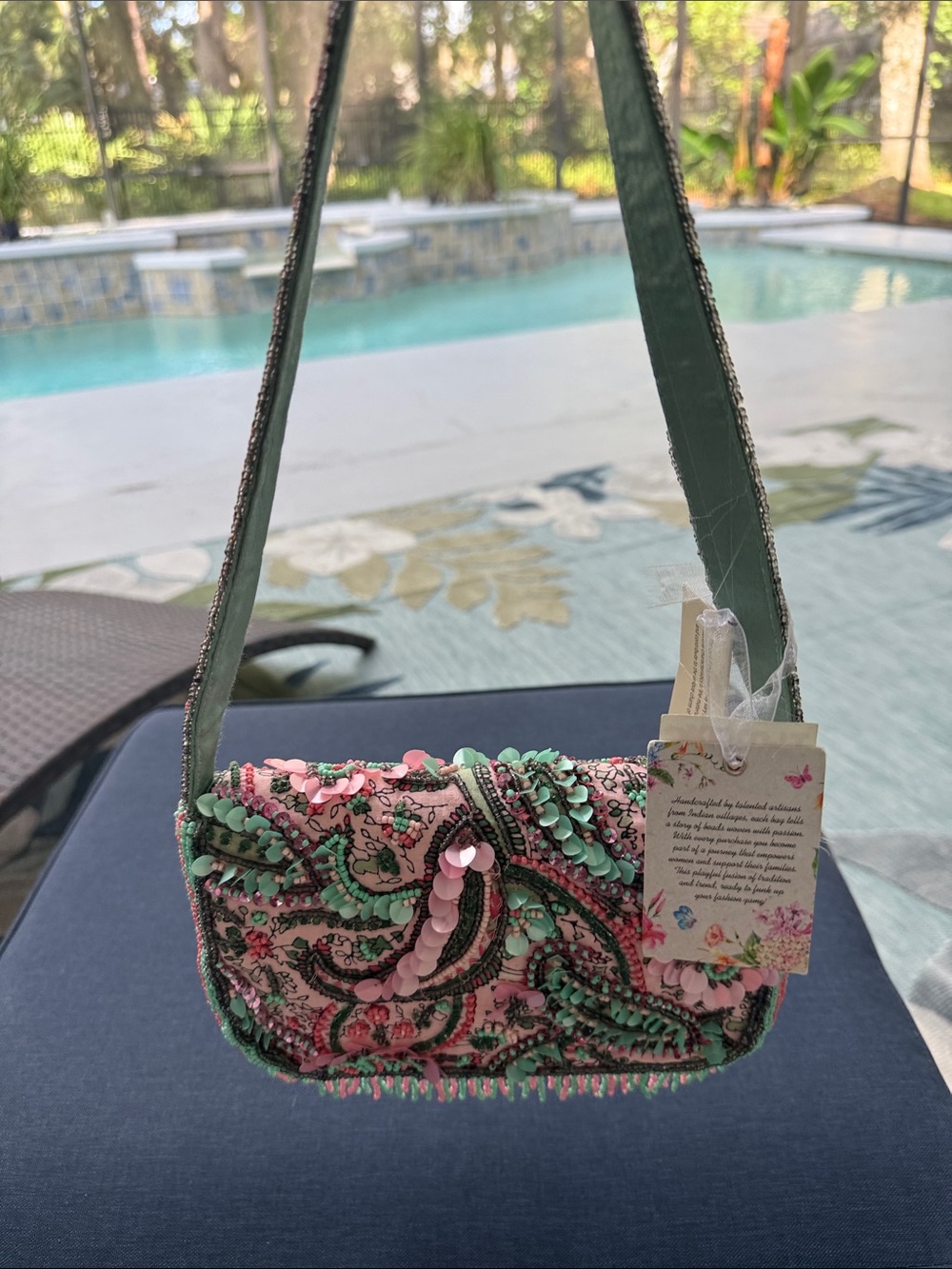 Embellished Pink & Mint Beaded Wristlet Clutch